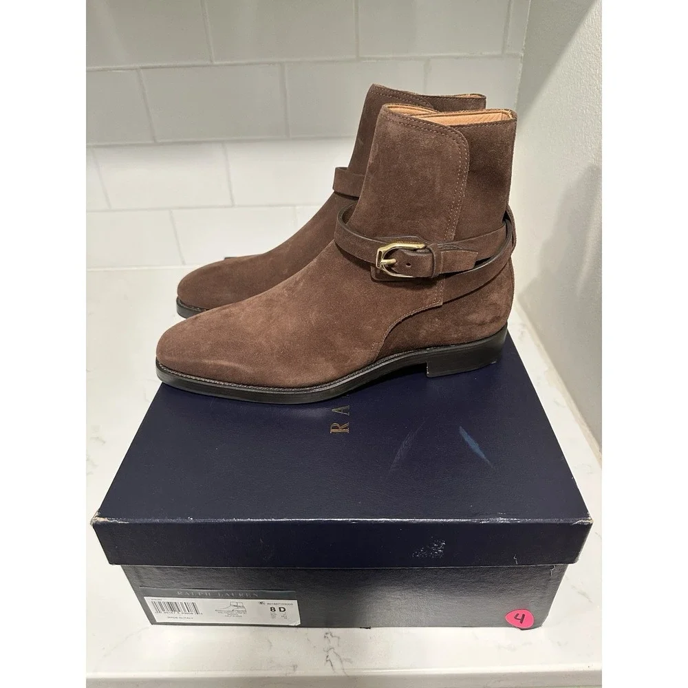 Ralph Lauren Purple Label Welington Strap Boots Mens 8D Brown Calf Suede Italy